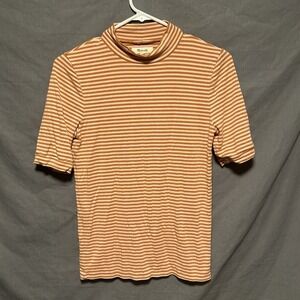 Madewell Womens Shirt Small Orange Striped Short Sleeve Stretch Drapey Mockneck